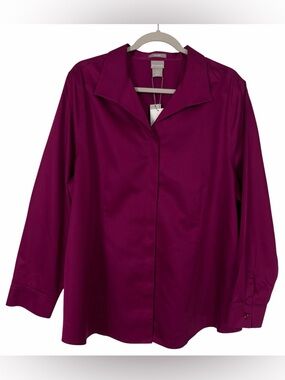 NWT Chico’s No Iron Sateen Button Up Shirt Deep Magenta Long Sleeve Sz 3.5